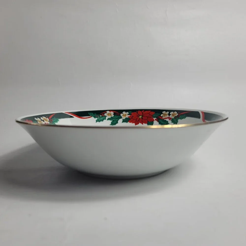 Tienshan Deck the Halls Serving Bowl Poinsettias & Ribbons Christmas China